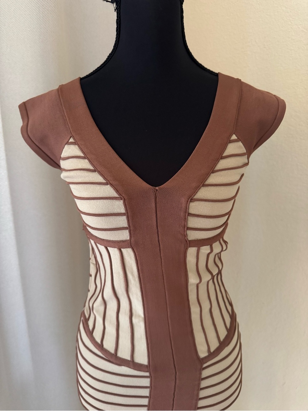 WOW Couture Brown Cream Striped Bodycon Knit Mini Dress S - Picture 3 of 10